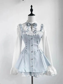 Japanese Gothic Lolita Dress Set | Bow Lace Ruffles Harajuku Y2K Mini Dress - 318 blue，M