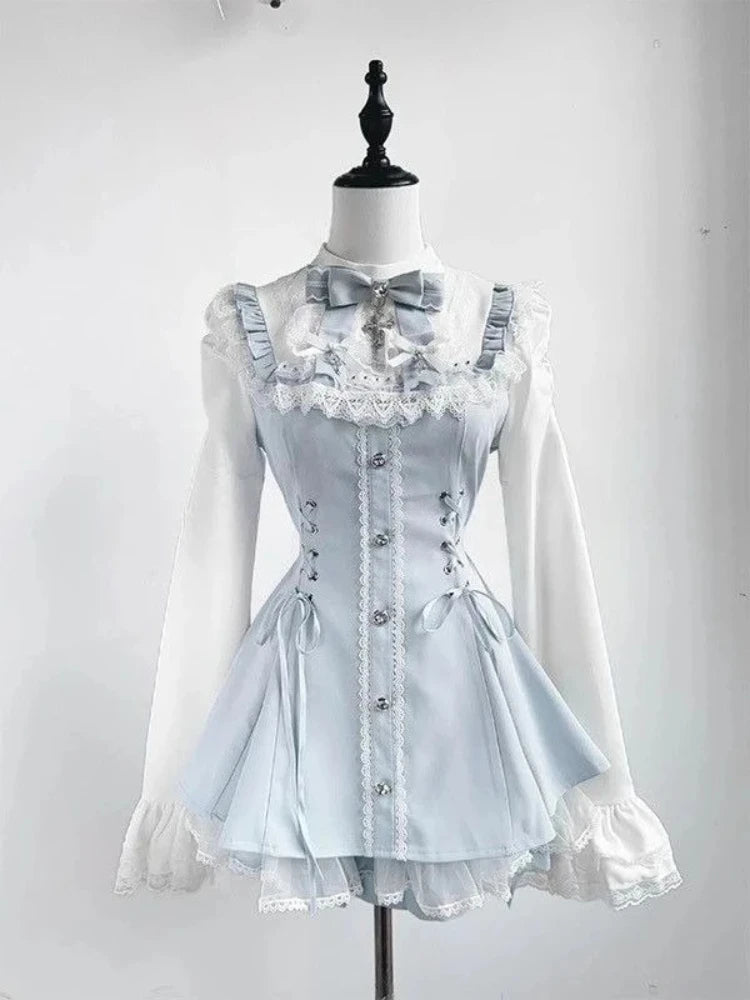 Japanese Gothic Lolita Dress Set | Bow Lace Ruffles Harajuku Y2K Mini Dress - 318 blue，M