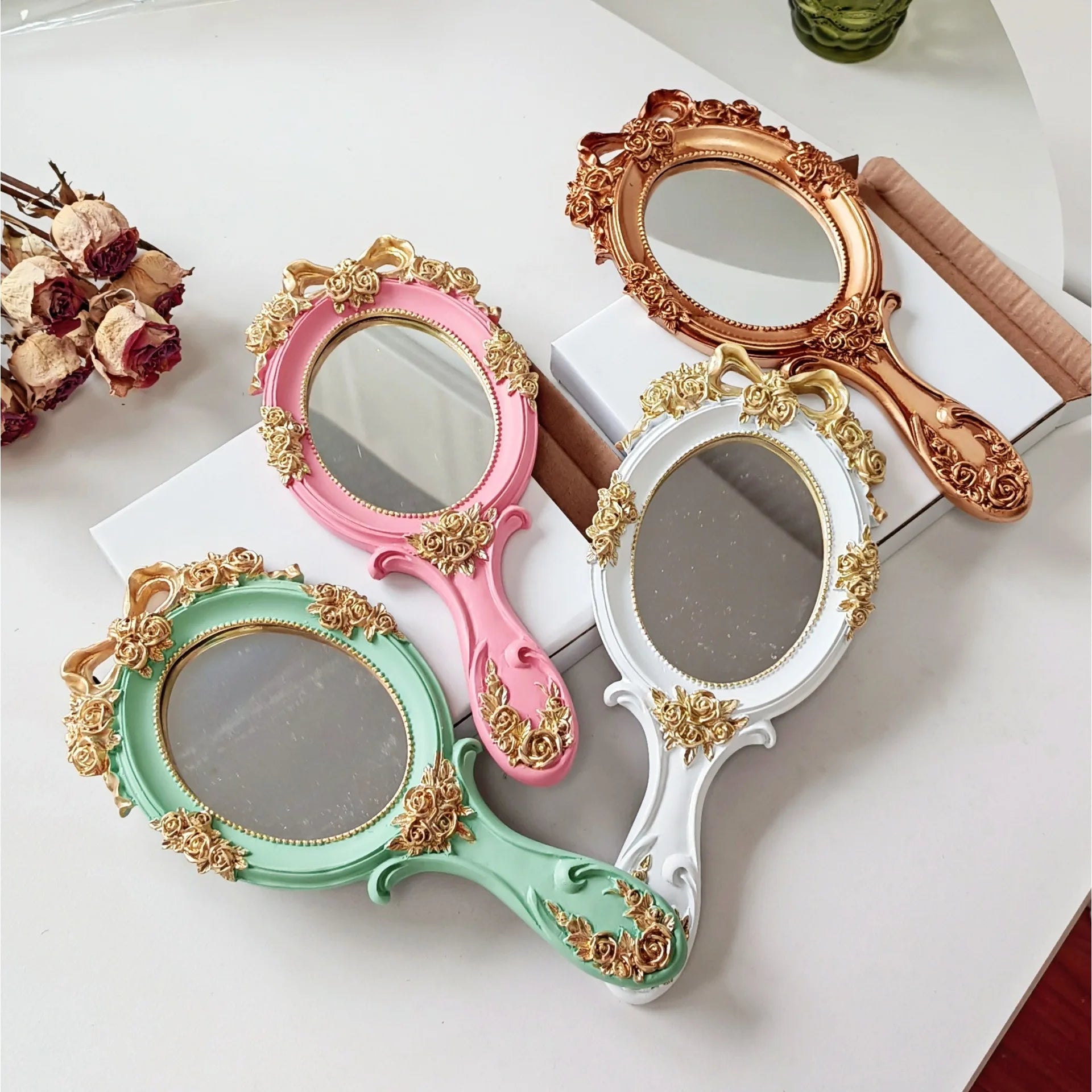 European Retro Handheld Mirror | Baroque Oval Vanity Mirror (Gold Tone) - 4pcs