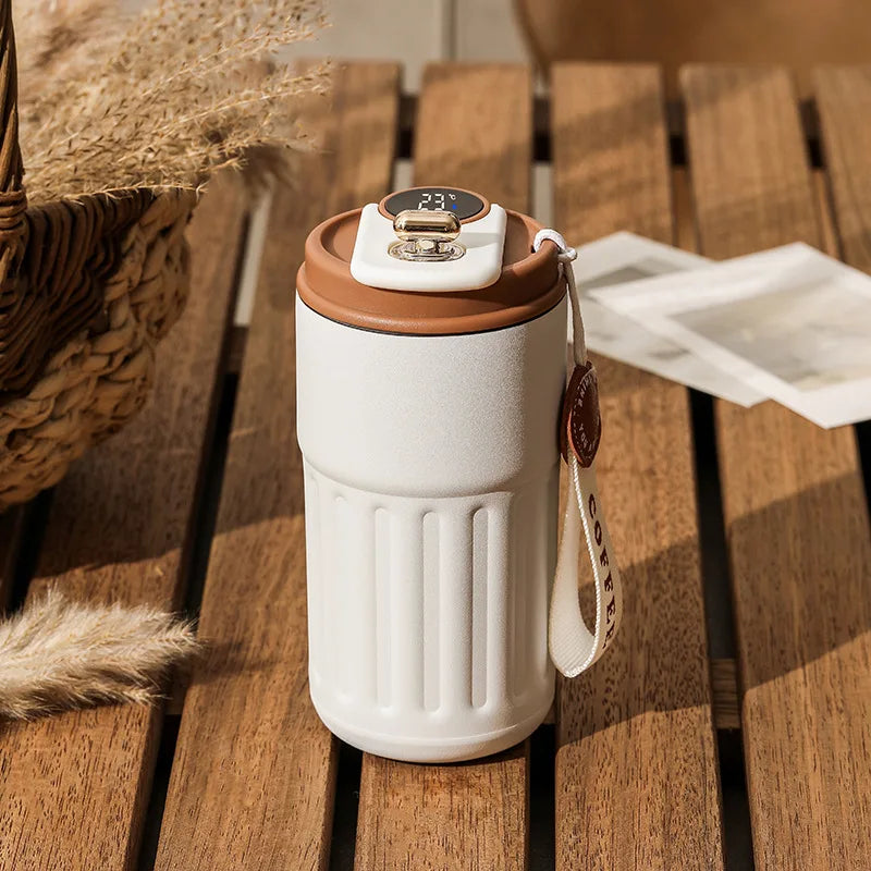 Smart Thermos Bottle with LED Temperature Display | Stainless Steel Hot/Cold Travel Mug - White Coffee，450ML