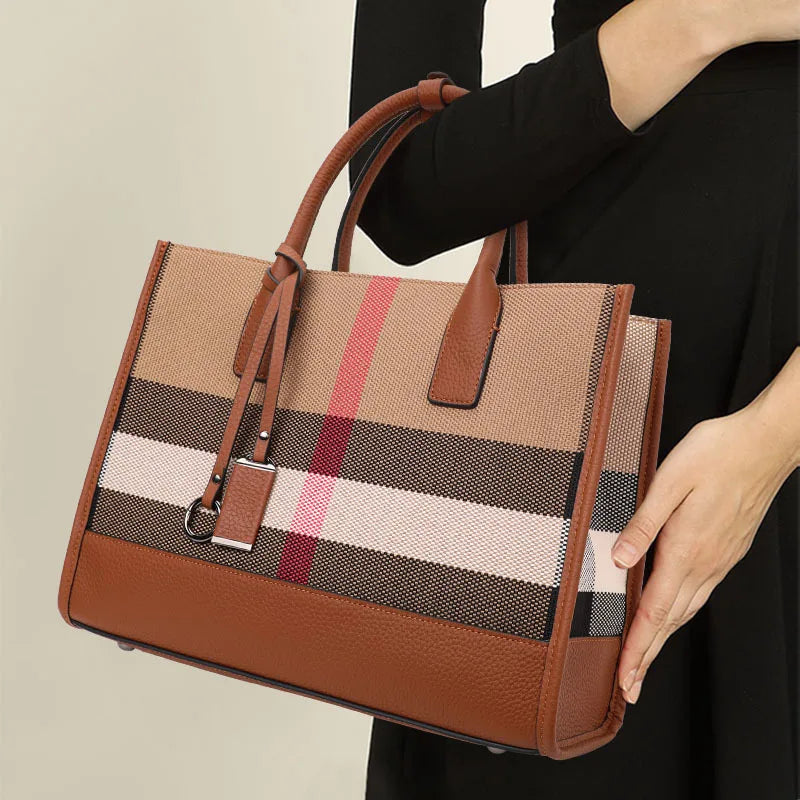 Plaid Canvas Tote Handbag | Large-Capacity Shoulder & Crossbody Commuter Bag - Caramel