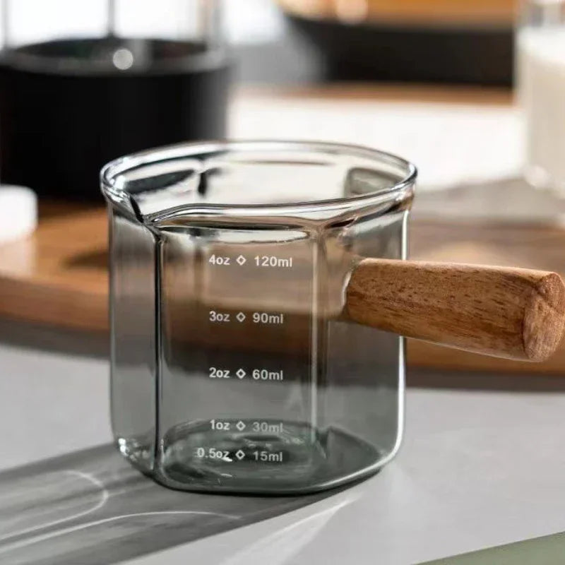 120ml Espresso Extraction Cup with Scale | Glass Measuring Cup + Wooden Handle - Light gray single