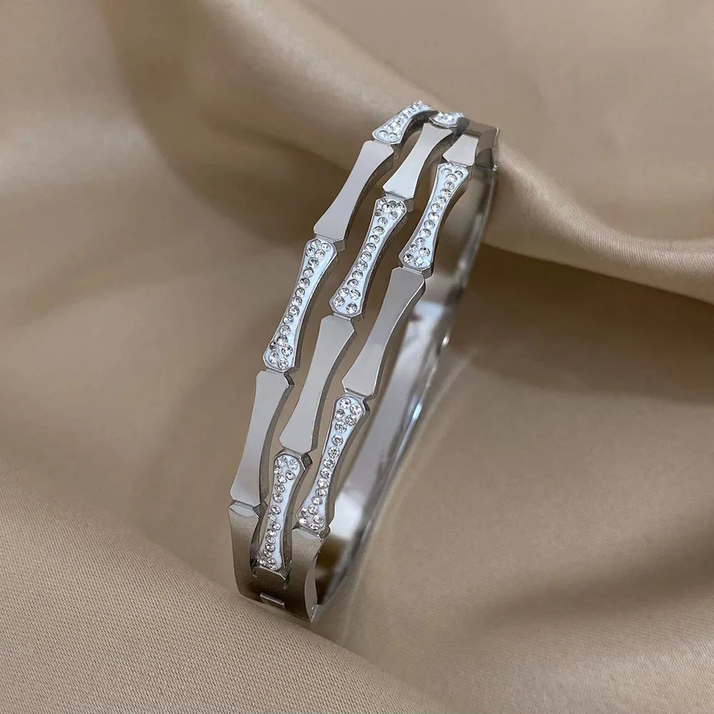 Stainless Steel Cuff Bracelet | Wide Rhinestone Bangle (Gold/Silver Options) - D2694817B-002