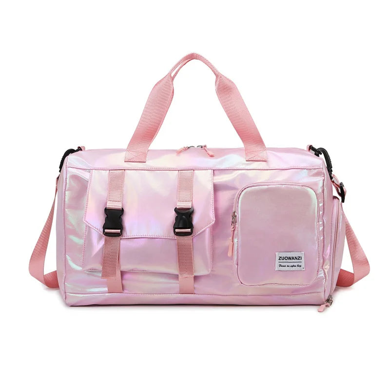 Holographic Weekend Duffel Bag with Shoe Compartment | Spacious Travel Shoulder Tote - Pink
