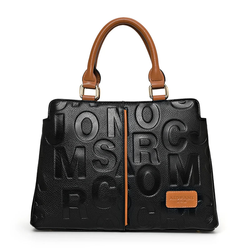 Genuine Cowhide Leather Work Handbag | Large-Capacity Shoulder & Crossbody Bag - Black with brown