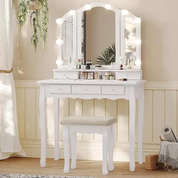 Lighted Vanity Table Set with Tri-Fold Mirror | 3 Color Modes Makeup Desk - White
