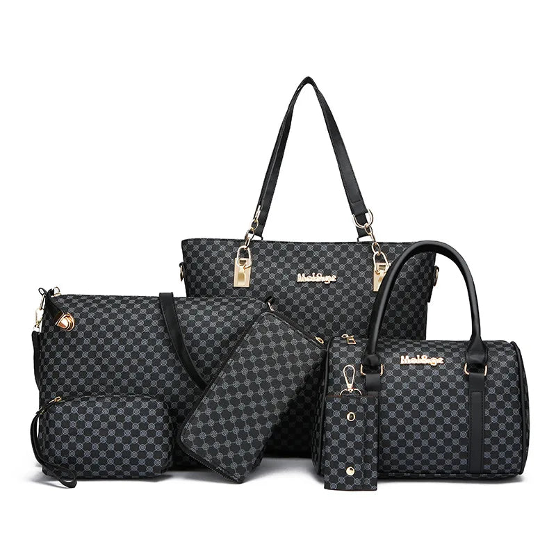 6-Piece Women’s Handbag Set | Tote + Crossbody + Clutch + Wallet Set - black