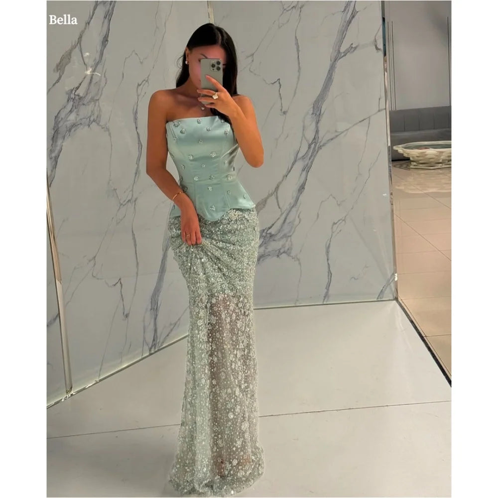 Bella Green Beaded Mermaid Prom Dress | Strapless Floor-Length Pearl-Style Gown (Custom) - green，4