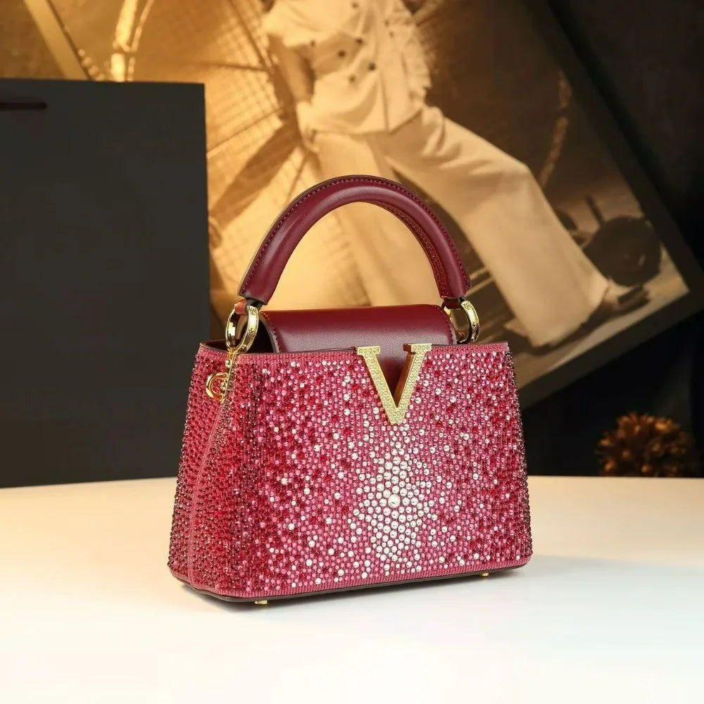 Rhinestone Bucket Crossbody Bag | Sparkly Small Going-Out Handbag - Red