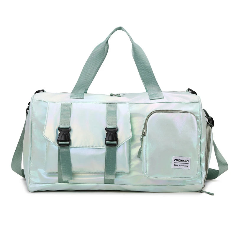 Holographic Weekend Duffel Bag with Shoe Compartment | Spacious Travel Shoulder Tote - Green