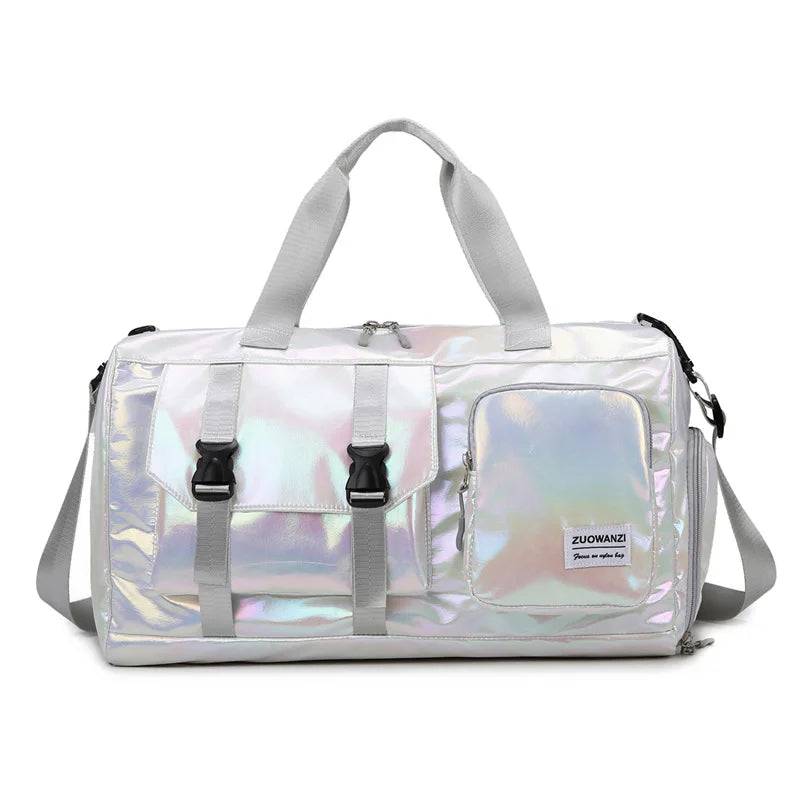 Holographic Weekend Duffel Bag with Shoe Compartment | Spacious Travel Shoulder Tote - White