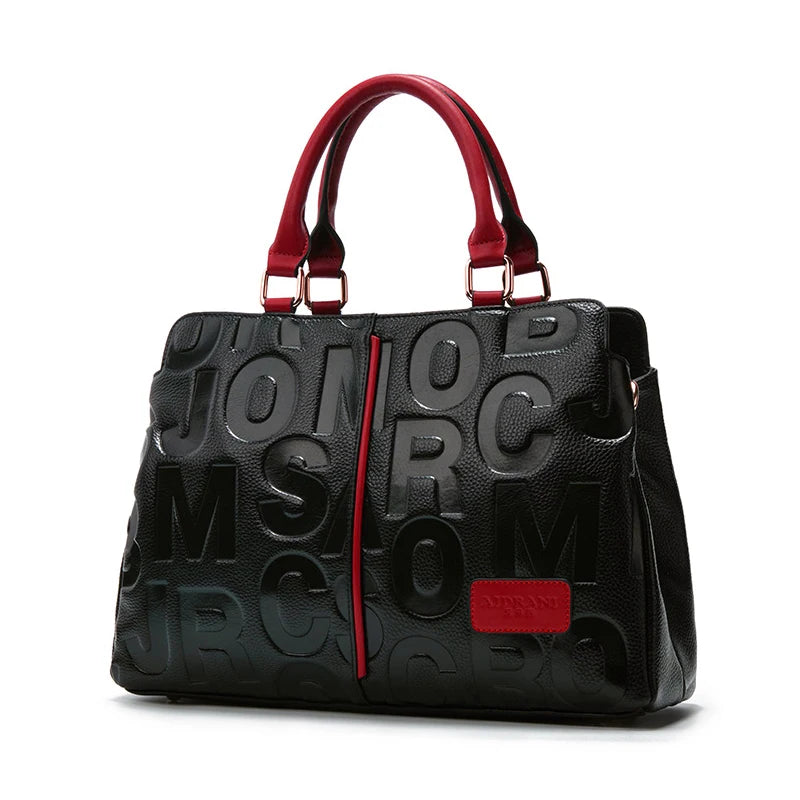 Genuine Cowhide Leather Work Handbag | Large-Capacity Shoulder & Crossbody Bag - Black with red