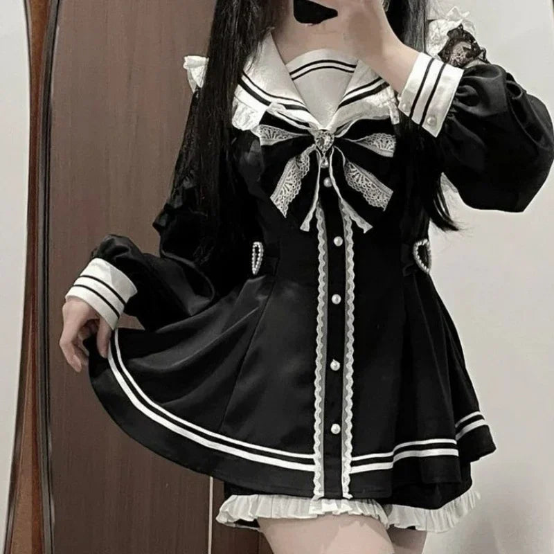 Japanese Gothic Lolita Dress Set | Bow Lace Ruffles Harajuku Y2K Mini Dress - 1613 Set，XL