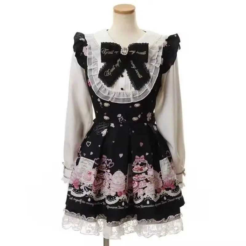 Japanese Gothic Lolita Dress Set | Bow Lace Ruffles Harajuku Y2K Mini Dress - 3708 Black，L