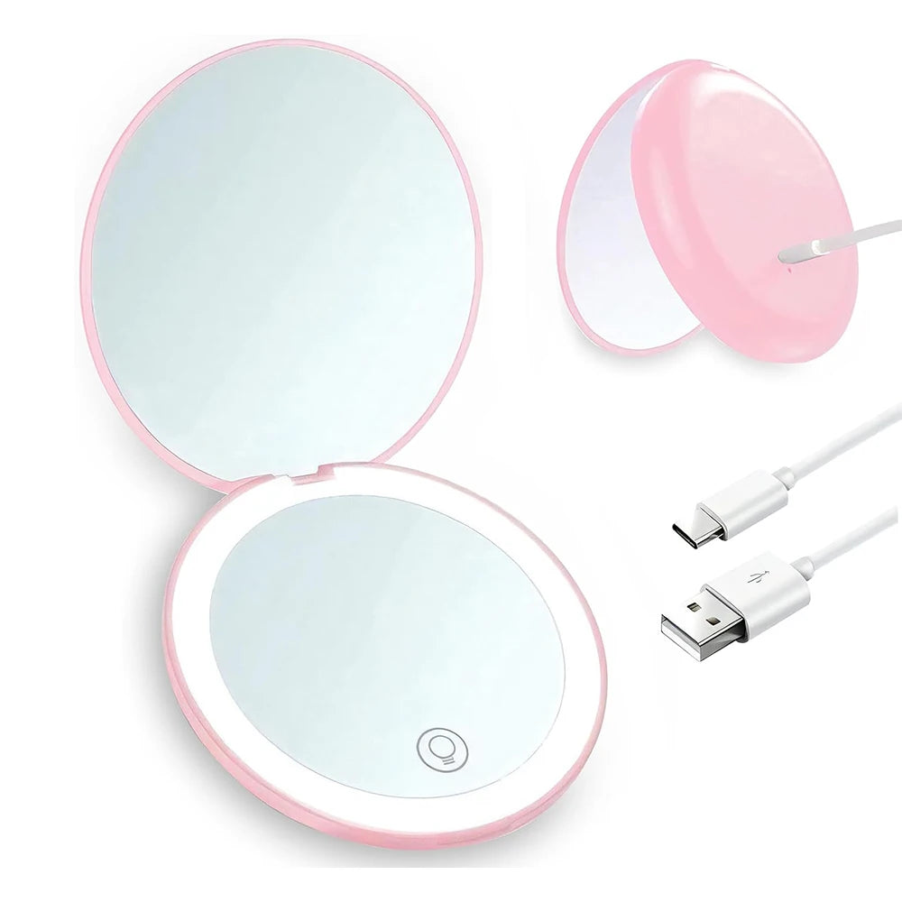 Rechargeable 1X/10X Lighted Compact Makeup Mirror | Dimmable Travel Vanity Mirror - Pink