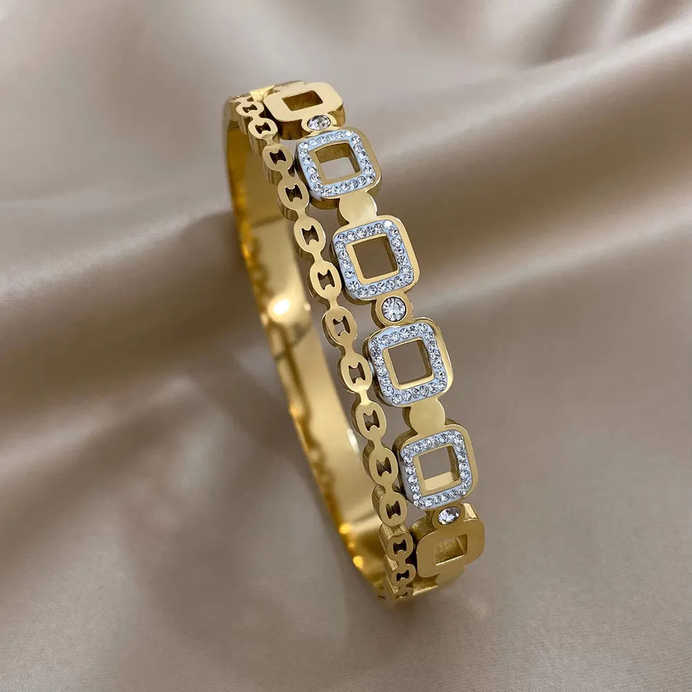 Stainless Steel Cuff Bracelet | Wide Rhinestone Bangle (Gold/Silver Options) - D2694819B-002
