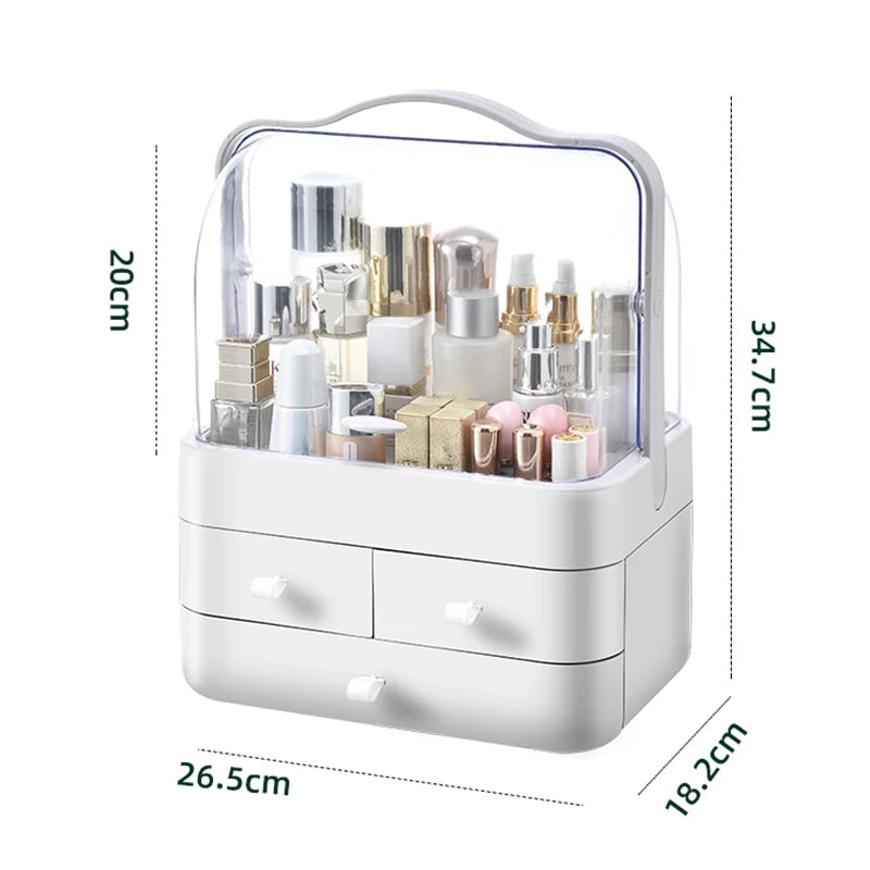 Dust-Proof Desktop Makeup Organizer with Drawer | Skincare & Cosmetics Storage Box - WHITE