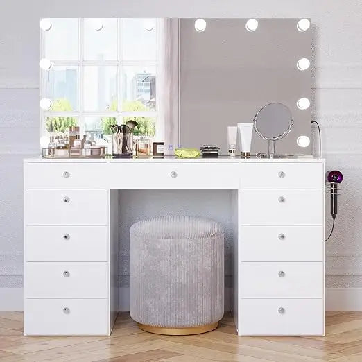Glass-Top Vanity Desk with Bluetooth Speaker | Hollywood Lights + 11 Drawers - White