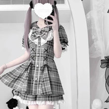 Japanese Gothic Lolita Dress Set | Bow Lace Ruffles Harajuku Y2K Mini Dress - 375 grey plaid，S