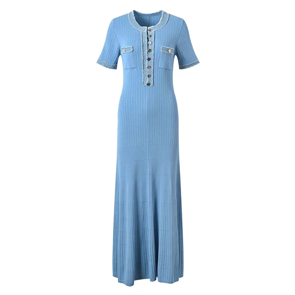 Chic Contrast Knit Maxi Dress | O-Neck Button Detail Bodycon Office Dress - blue，S
