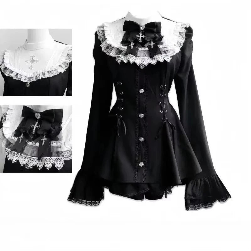 Japanese Gothic Lolita Dress Set | Bow Lace Ruffles Harajuku Y2K Mini Dress - 318 black white，L