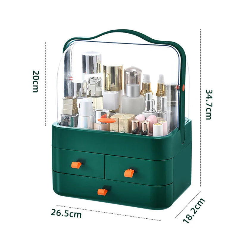 Dust-Proof Desktop Makeup Organizer with Drawer | Skincare & Cosmetics Storage Box - green