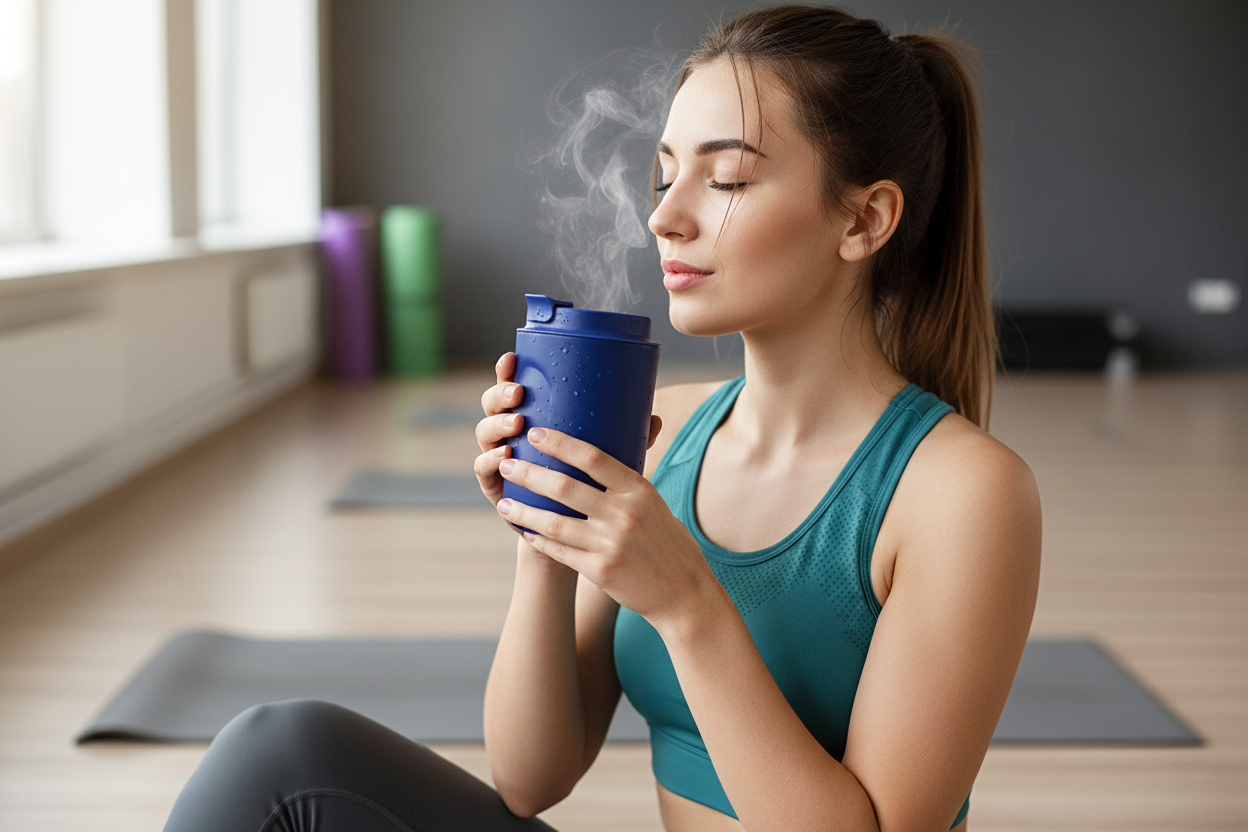 Woman with thermal mug at gym